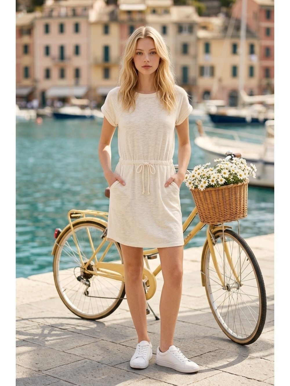 Casual Terry Drawstring Waist T-Shirt Dress/Coverup